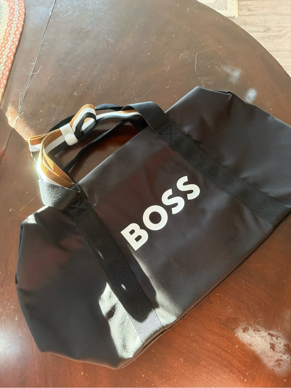 Boss Black Duffel Bag with White Logo and Brown Accent Strap - Picture 3 of 3